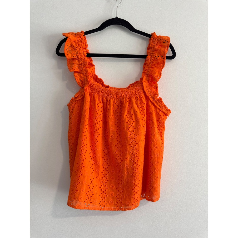 Strut & Bolt Eyelet Ruffle Tank Top Women Size L Orange Smocked Square Neck